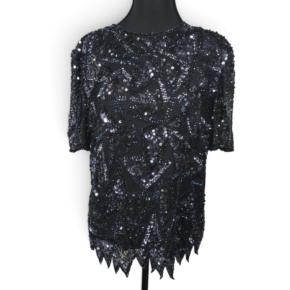 Styleworks Top Womens Medium Silk Black Sequin Beaded Art Deco Vintage EUC